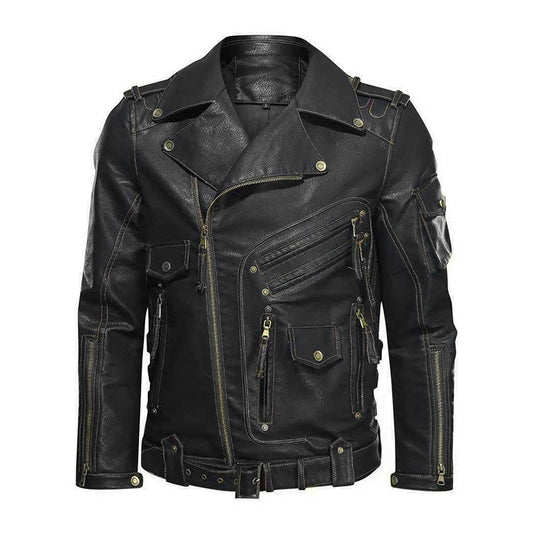 Men's jacket coat PU leather punk style jacket with multiple pockets zipper leather jacket