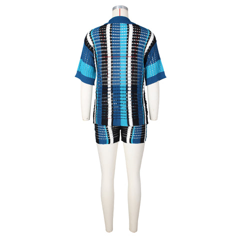 Women's Knitted Sweater Suit Sexy Lady Hollow out See-through Contrast Color Lapels