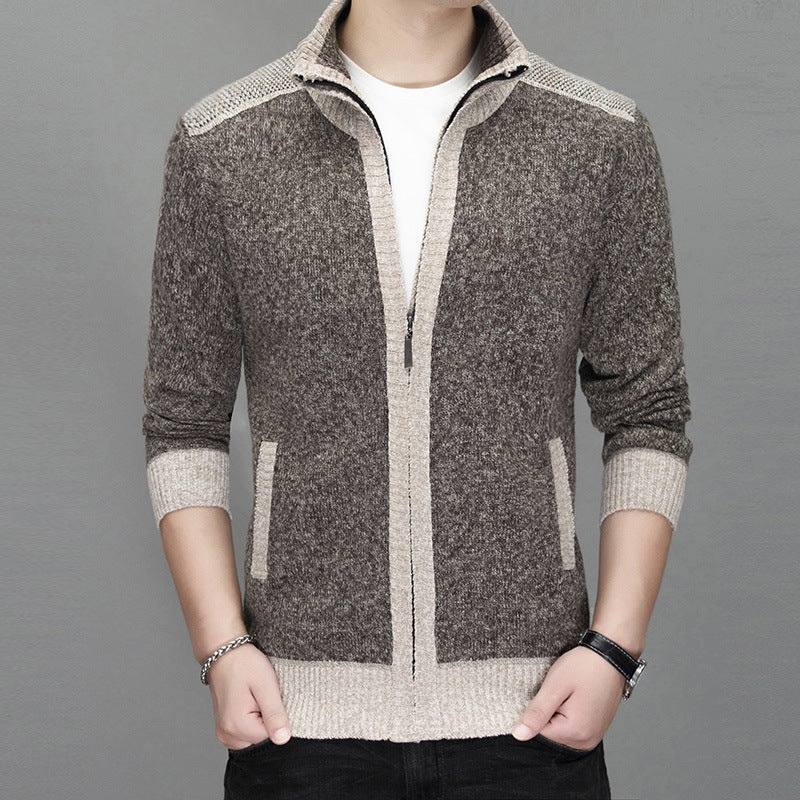 Men's knitted sweater zipper cardigan patchwork color warm M-3XL