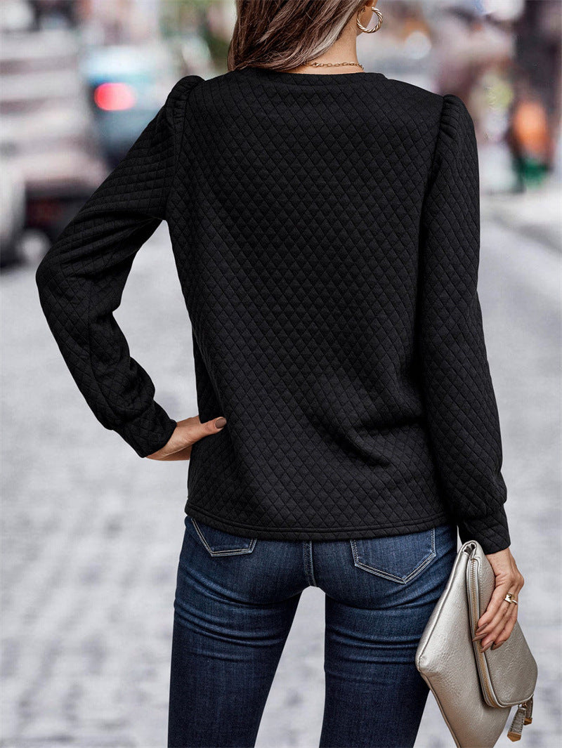 Women's Fall Winter Round Neck Puff Sleeve Warm Air Grid Pattern Sweatshirt Pullover Top