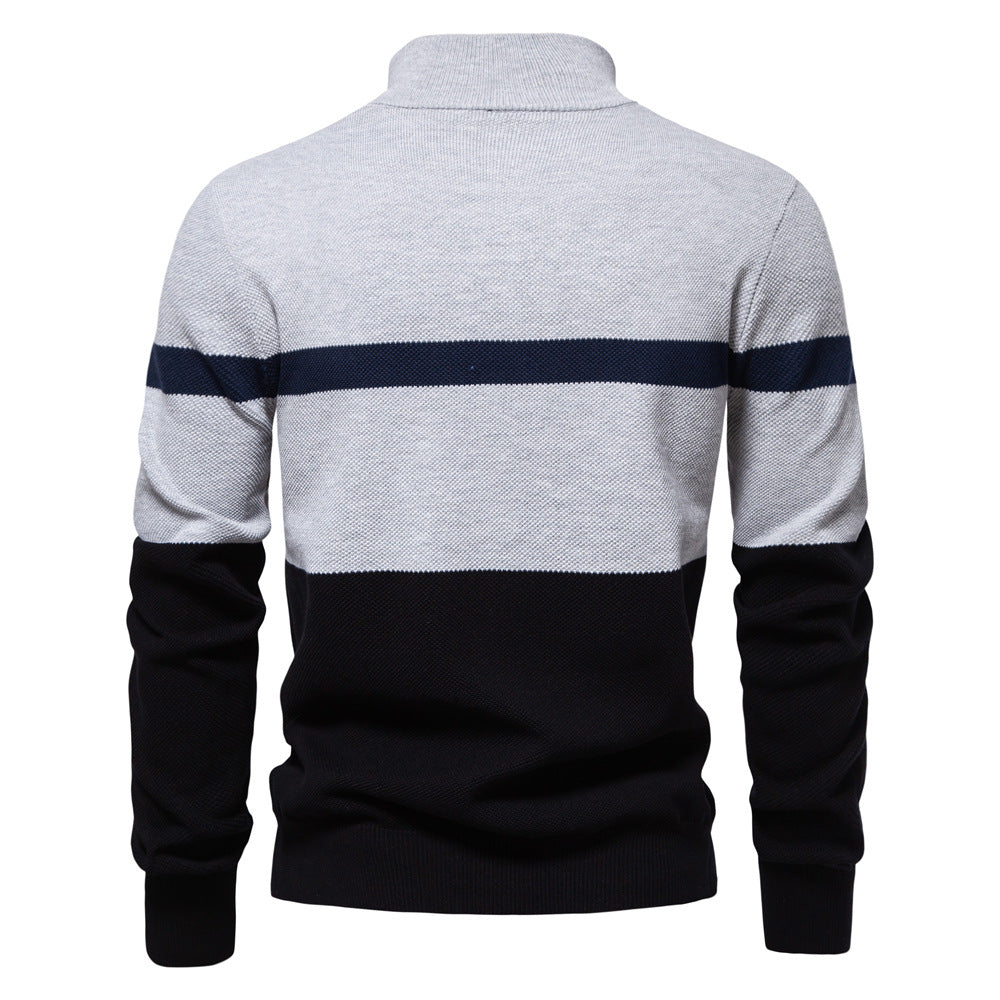 Men's Stand Collar Sweater Half Zip Cotton Colorblock Knit Sweater S-2XL