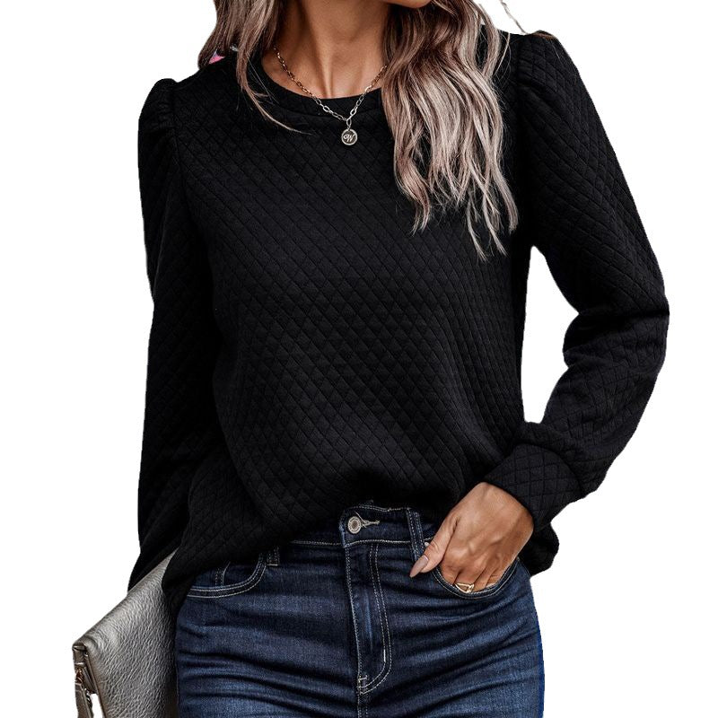 Women's Fall Winter Round Neck Puff Sleeve Warm Air Grid Pattern Sweatshirt Pullover Top