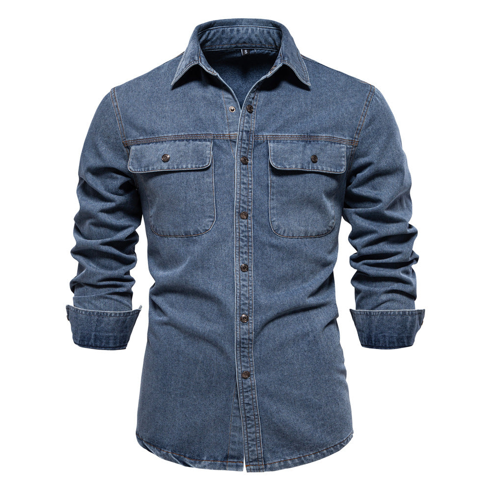 Men's Denim Shirt Cotton Long Sleeve Washable High Quality S-2XL