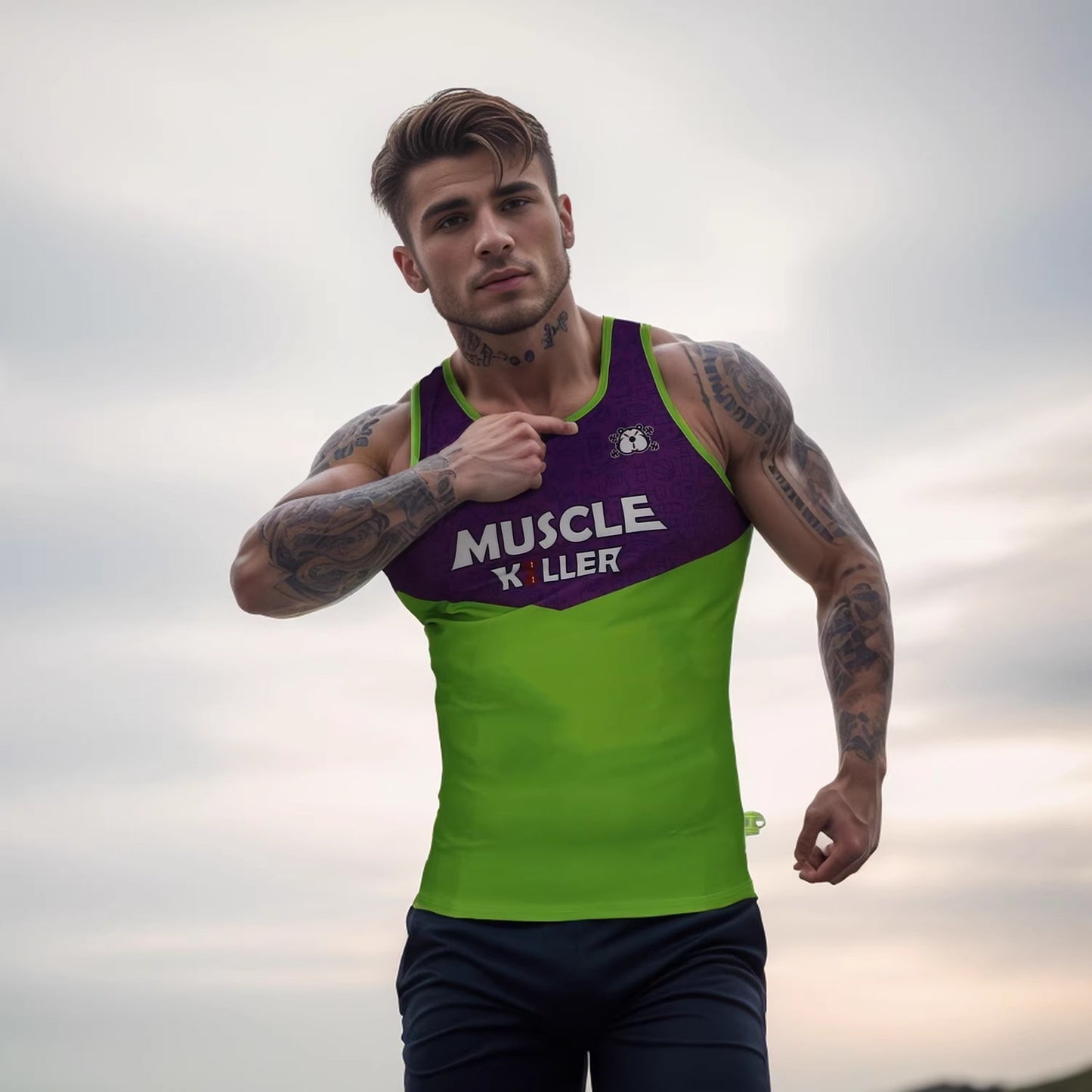 Muscle Killer Gym Running Fierce Men Barbell Sports Training Printing Color Contrast Quick-Dry Vest Stretch Slim Break