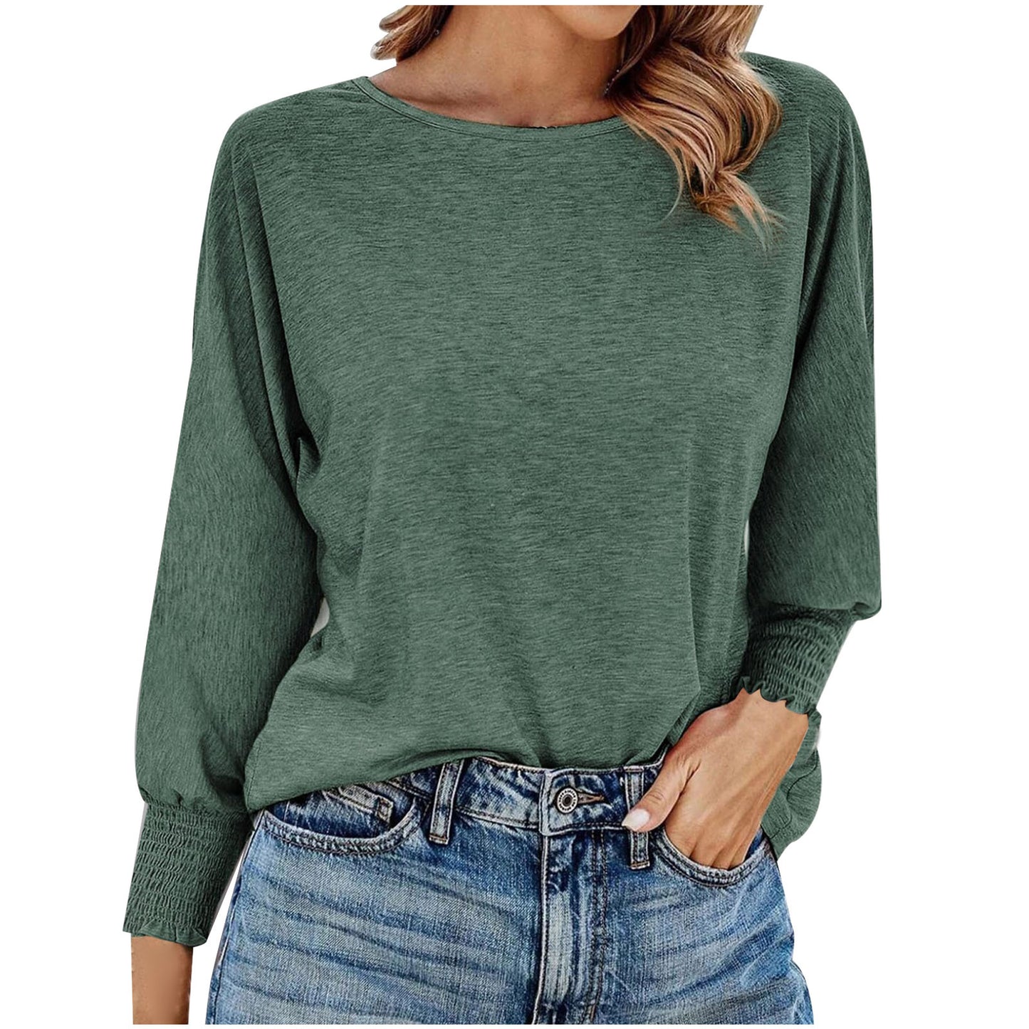 Plus size women's solid color crew neck loose long sleeve T-shirt casual basic top