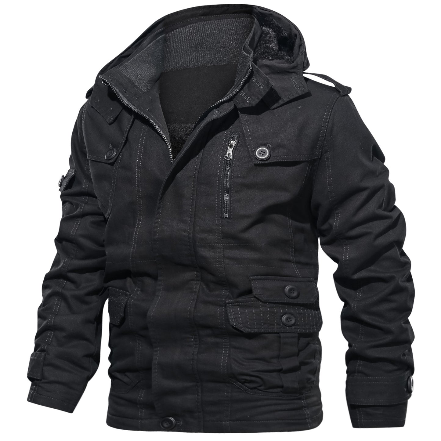 Outdoor Trendy Plus Size Men's Jacket Military Cotton Coat Fleece Lined Thickened Fashion Multi-Pocket Badge