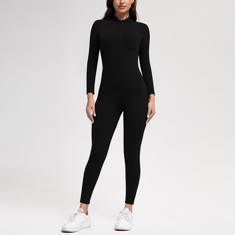 Yoga Pants Women Zipper Fleece-lined Yoga Jumpsuit High-Intensity Exercise Nude Feel Tights