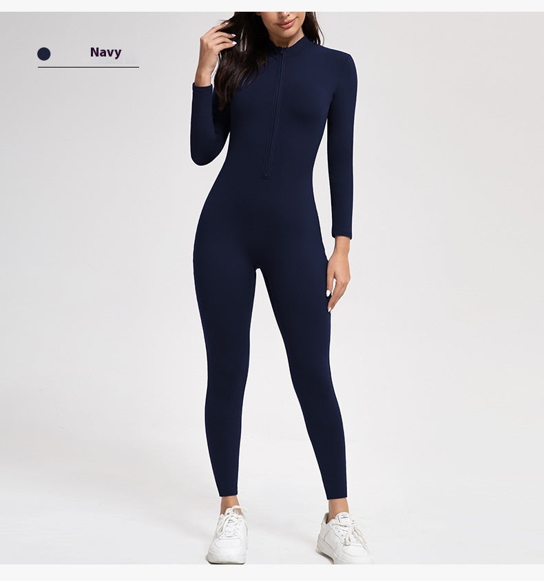 Yoga Pants Women Zipper Fleece-lined Yoga Jumpsuit High-Intensity Exercise Nude Feel Tights