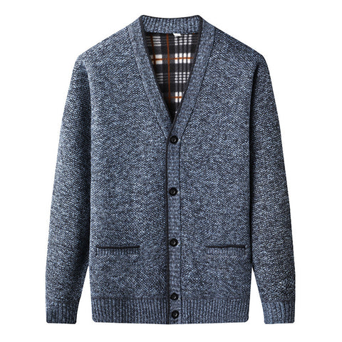 Men's Knitted fleece-lined Cardigan V-neck Knitted Sweater for Middle-aged and Elderly Business Casual Sweater