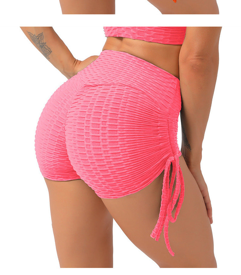 Europe and America Cross Border Yoga Shorts Bubble Drawstring Shorts High Waist Sexy Hip Sports Yoga Pants Fitness Shorts