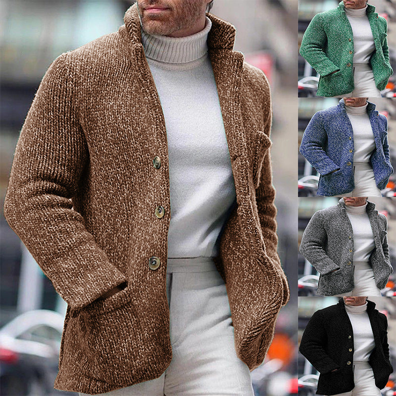 Men's knitted coat stand collar single breasted pocket cardigan sweater M-4XL