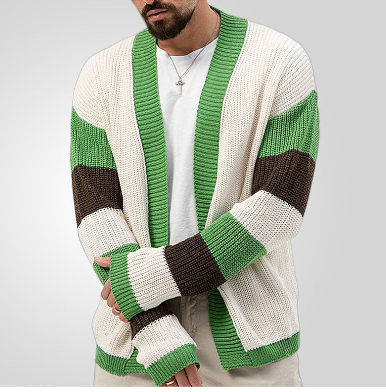 Men's Knitwear Green Edge V-neck Cardigan Loose Contrast Color Woolen Cardigan Coat Thickened Thick Needle Sweater