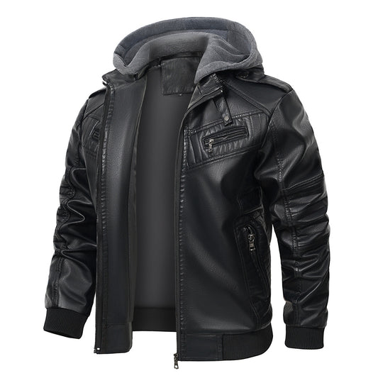 Men's leather jacket, jacket, hooded, PU wallet, zipper leather jacket