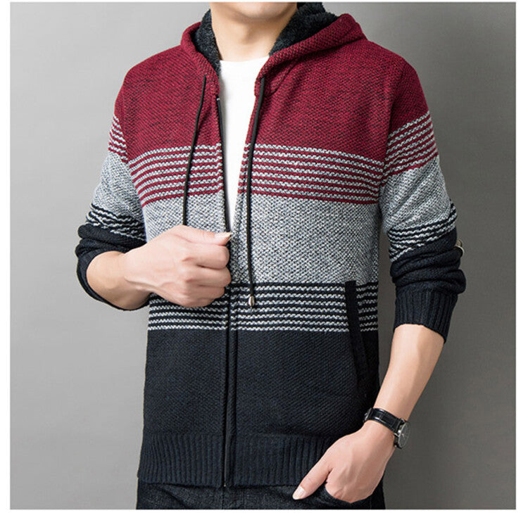 Men's knitted sweater with hood and zipper cardigan, stand-up collar, plaid, thick and warm, M-3XL