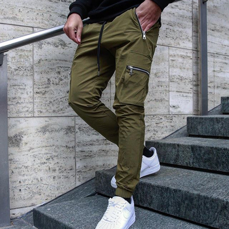 Muscle Athletic Casual Large Pocket Trousers Men's Fitness Running Training Zipper Pocket Pants