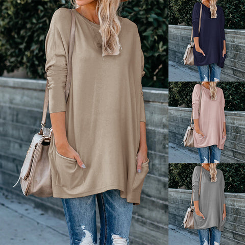 Women's Solid Color Knit Sweater: Round Neck, Long Sleeves, and Pockets