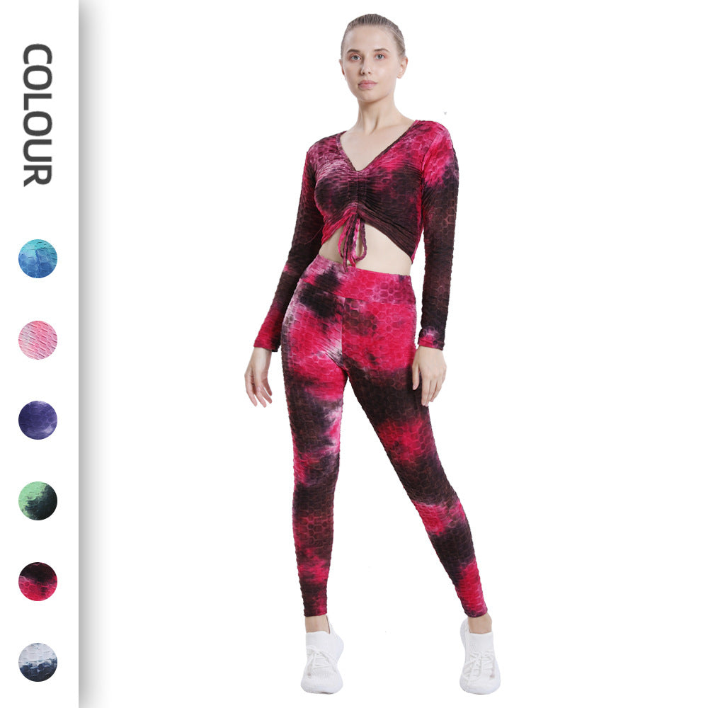 Leggings For Women Bubble Yoga Clothes Suit Women's Tie-Dyed Yoga Clothes High Waist Running Sports Fitness Clothes Long-Sleeved Trousers Two-Piece Suit