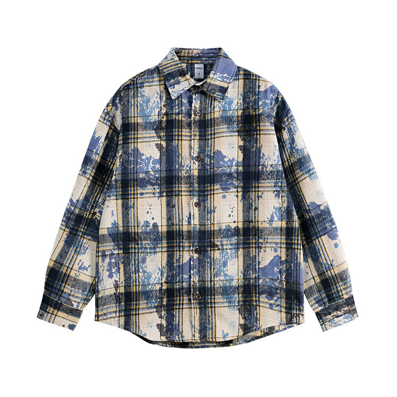 Men's Shirts New Splatter Plaid Shirt New Retro Trendy Casual Loose Long Sleeve Shirt