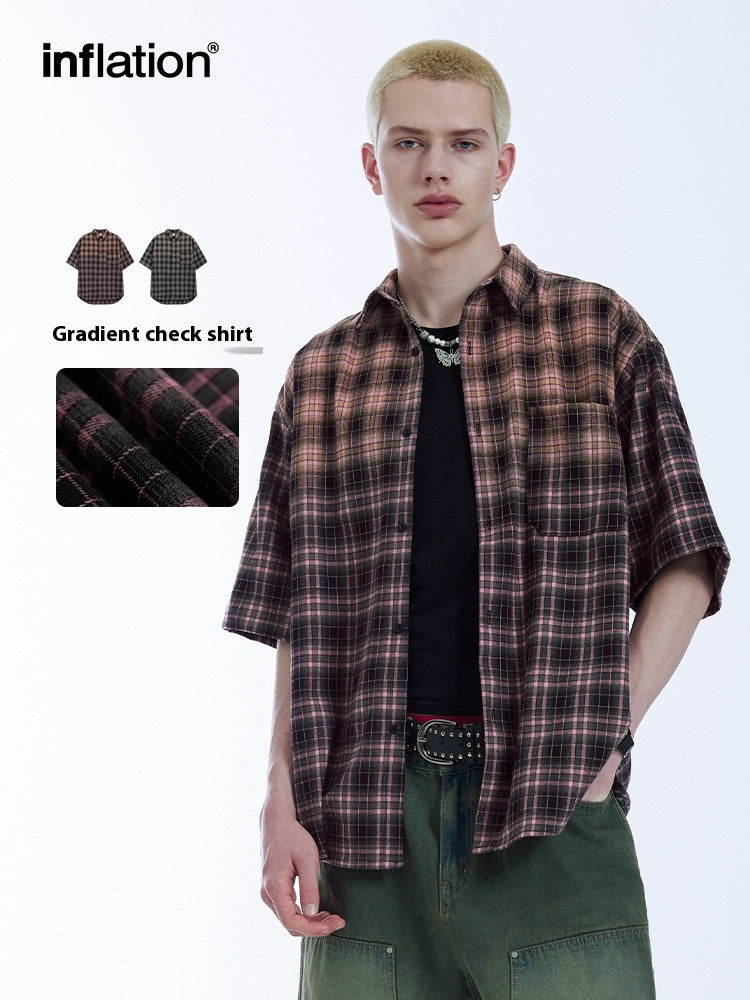 Men's Shirts Block Gradient Plaid Shirt Loose Couple Short Sleeve Checkered Shirt