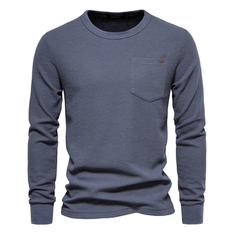 Men's Knitted Sweater Waffle Cotton Crew Neck Solid Color High Quality S-2XL