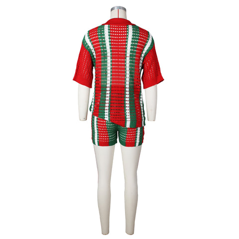 Women's Knitted Sweater Suit Sexy Lady Hollow out See-through Contrast Color Lapels