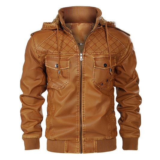 Men's leather jacket Hooded solid color PU leather jacket with fleece warm leather jacket