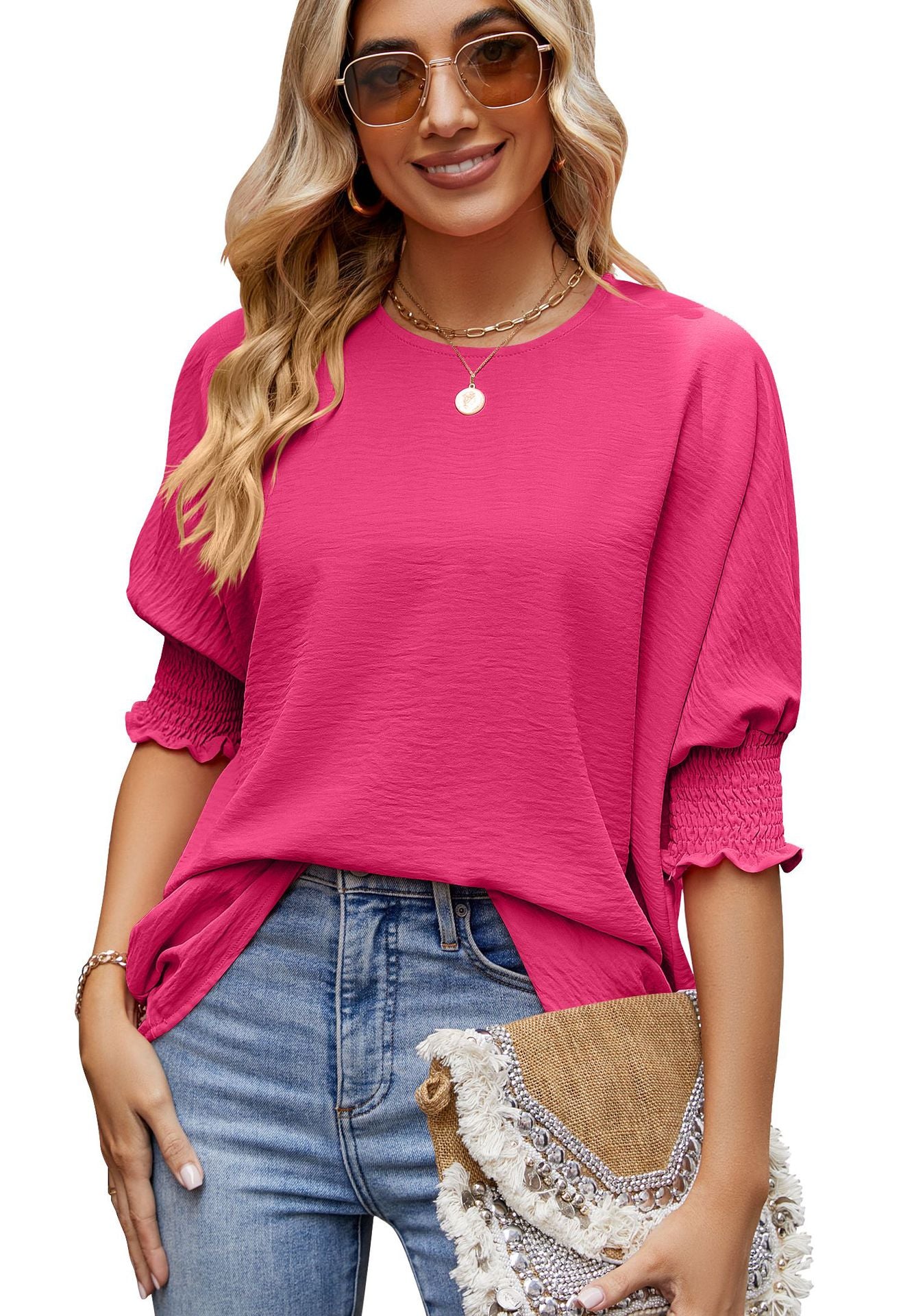 Women's Loose Plus Size Solid Color Pleated Crew Neck Top Summer New