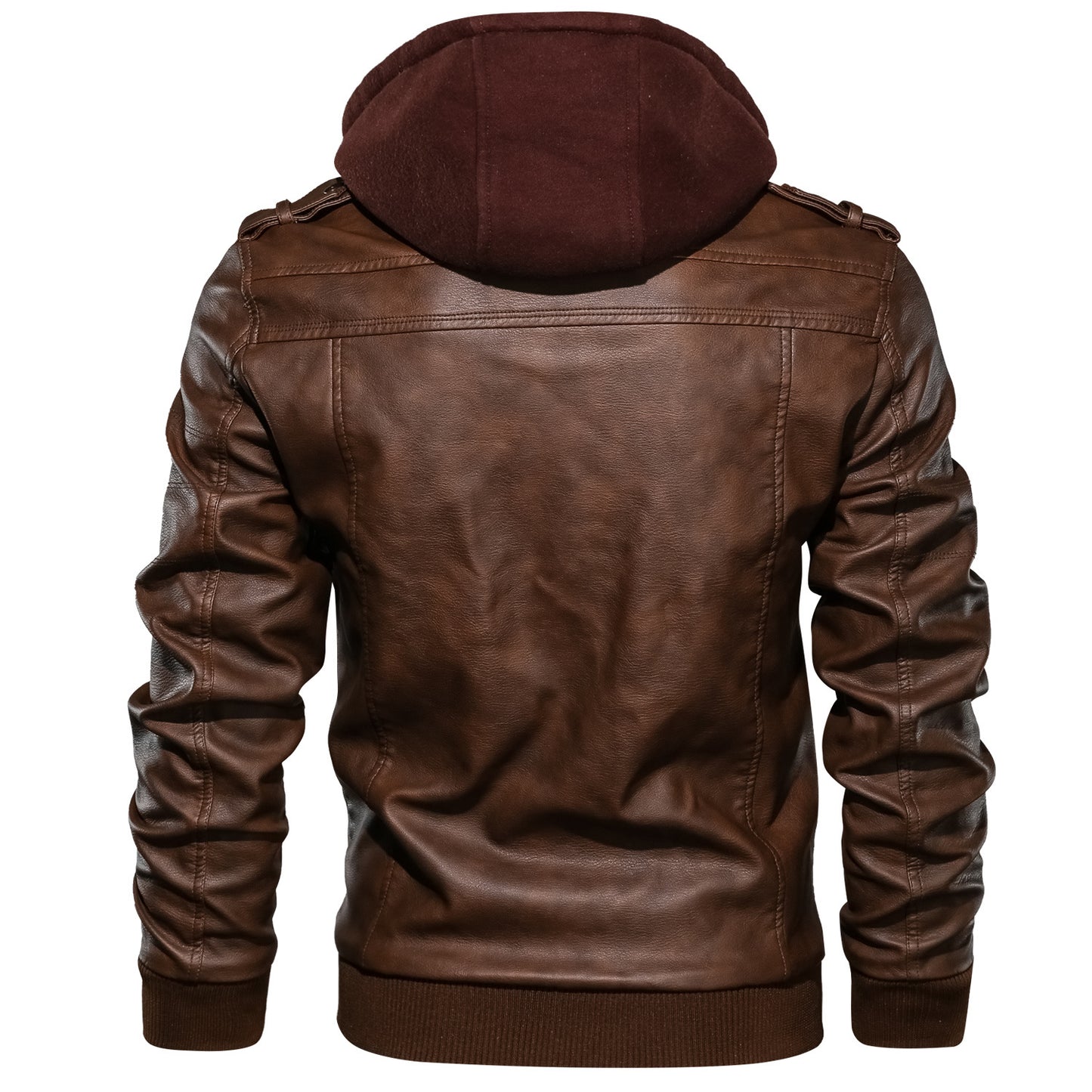 Men's PU Leather Hooded Retro Biker's Coat Windproof Stand Collar Handsome Design Double Layer Zipper Thermal and Windproof