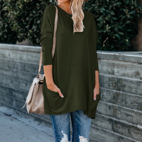 Women's Solid Color Knit Sweater: Round Neck, Long Sleeves, and Pockets