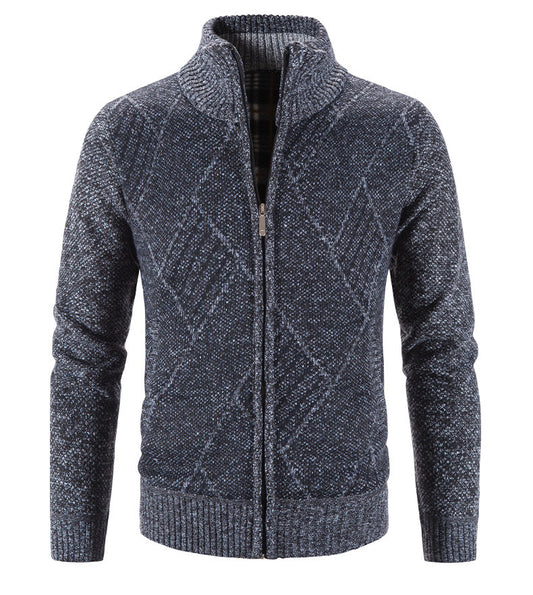 Men's fleece-lined Thickened Knitwear Middle-aged and Elderly Stand Collar Zipper Cardigan Korean Fashionable Solid Color Loose Sweater