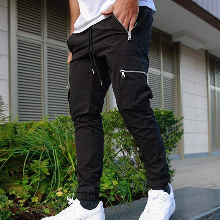 Muscle Athletic Casual Large Pocket Trousers Men's Fitness Running Training Zipper Pocket Pants