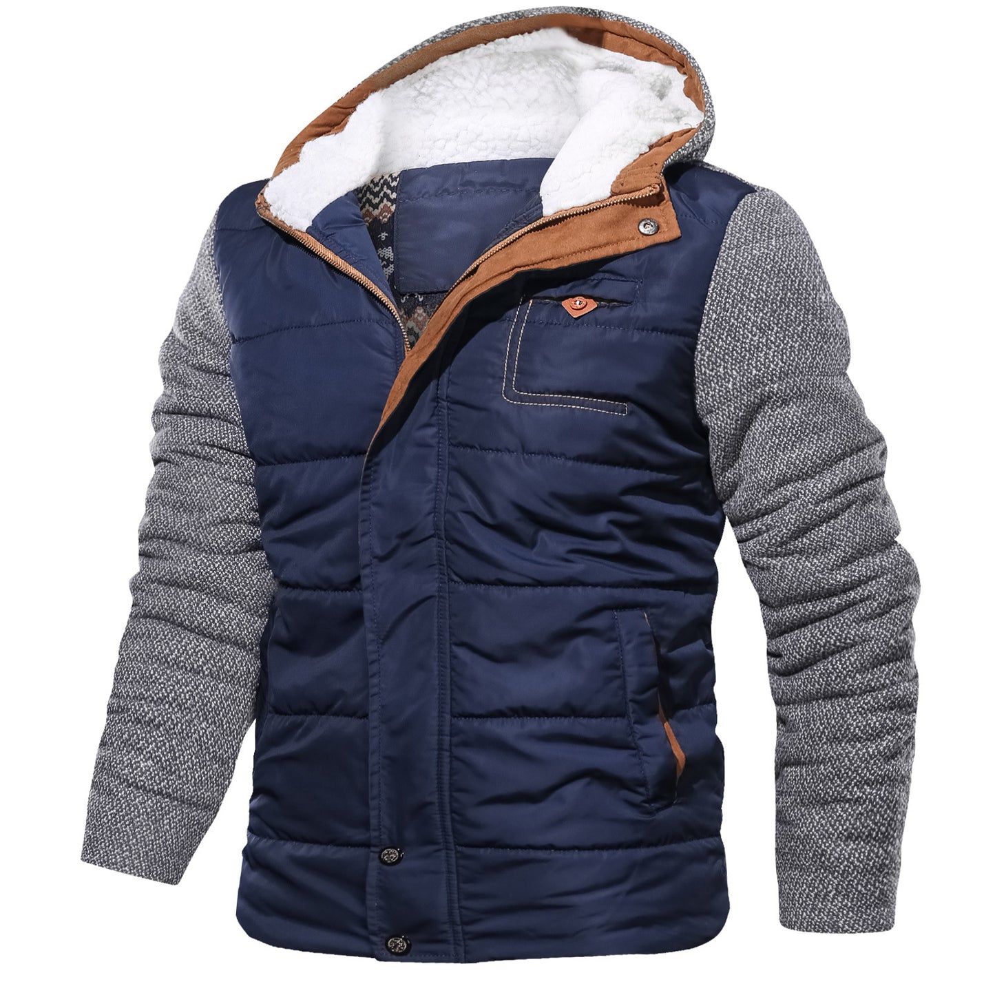 Fashion Men's Hooded Cotton Warm Windproof with zipper Trendy Color-Block Jacket Plus Size