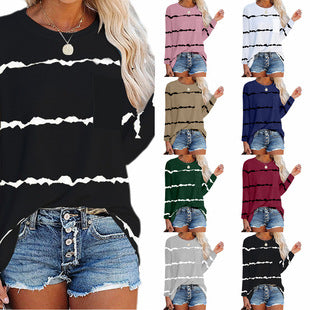 Women's Spring Summer Waffle Knit Crew Neck Patchwork Pullover Long Sleeve T-Shirt Casual Loose Top