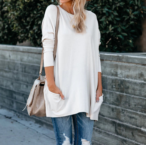 Women's Solid Color Knit Sweater: Round Neck, Long Sleeves, and Pockets