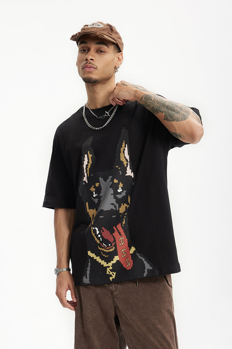 Men's T-shirt American Luminous Doberman Pinscher Printed Spring and Summer American Street Fashion Brand Loose Short Sleeve Men