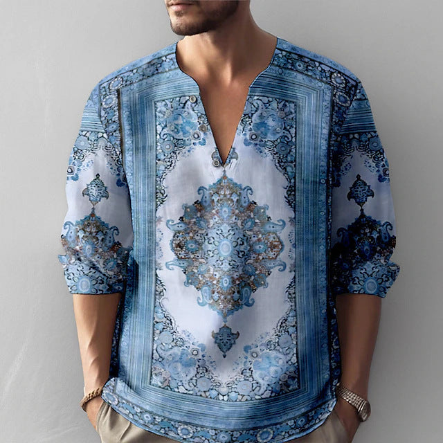 Men's Fashion Shirt Short Sleeve Beach V-Neck Drawstring printing Summer Top