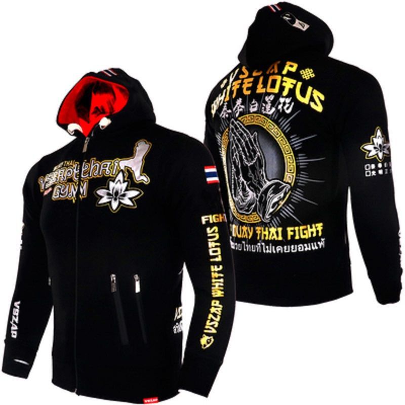 Vszap Fitness Zipper Sweater Autumn Broadcast Seeking Hoodie Muay Thai Fight Jacket Men's Fighting Lotus MMA Fleece-lined Warm