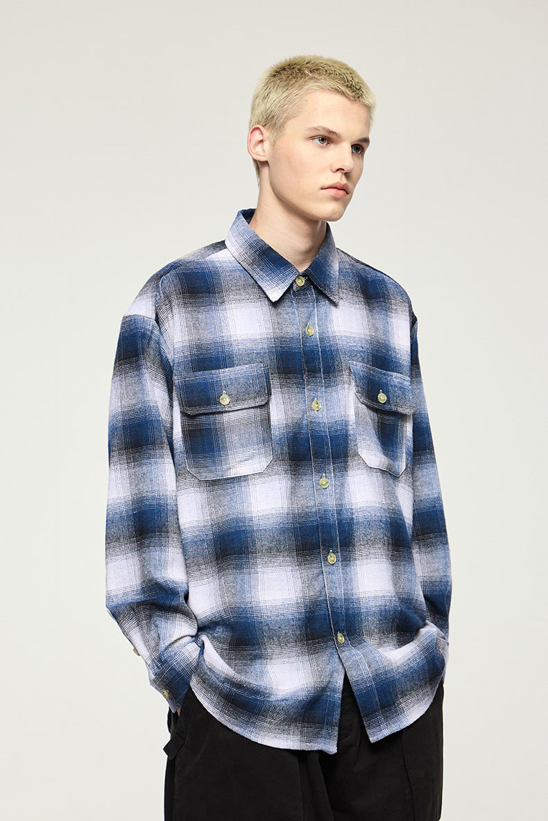 Men's Shirts New  Gradient Plaid Shirt Classic Retro Checkered Cotton Pocket Top