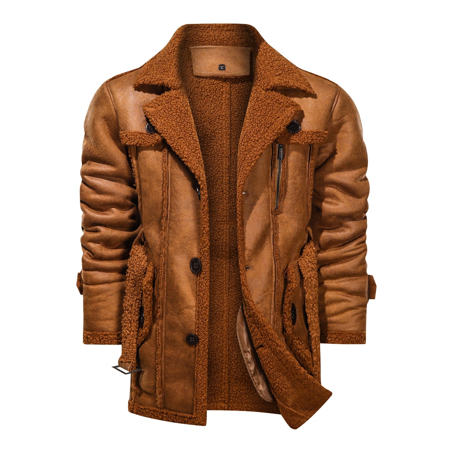 Men's PU Leather Coat Mid-Length Fur All-in-One Leather Jacket Lapel Belt Casual Imitation Leather Clothing Fashion