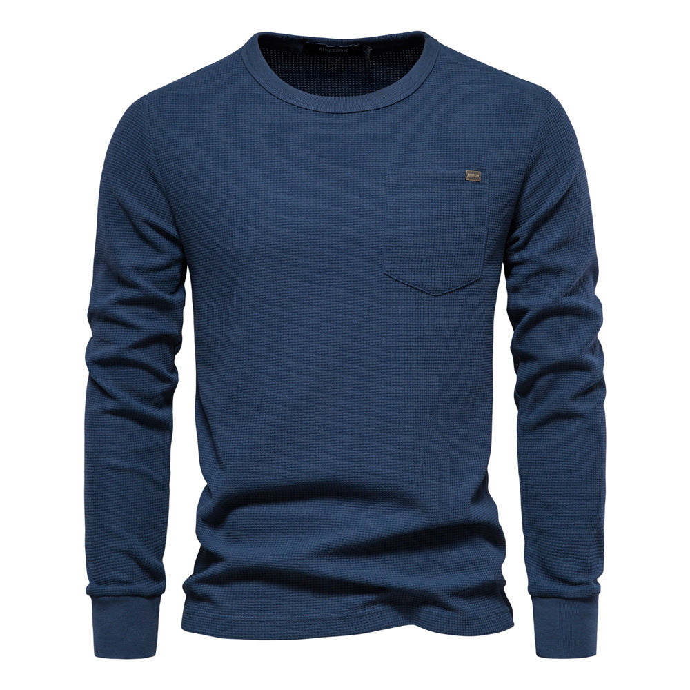 Men's Knitted Sweater Waffle Cotton Crew Neck Solid Color High Quality S-2XL