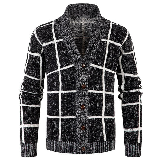 Men's knitted sweater zipper cardigan plaid thick warm M-3XL