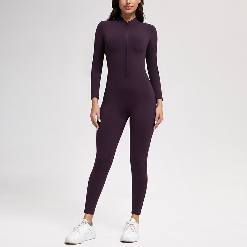 Yoga Pants Women Zipper Fleece-lined Yoga Jumpsuit High-Intensity Exercise Nude Feel Tights