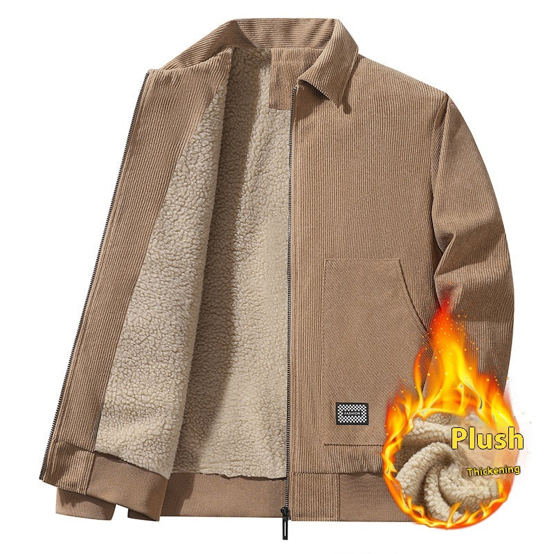 Fall/Winter New Men's Jacket Corduroy Polo Collar Solid Color Casual Middle-Aged Fleece Lined Thick Warm Jacket