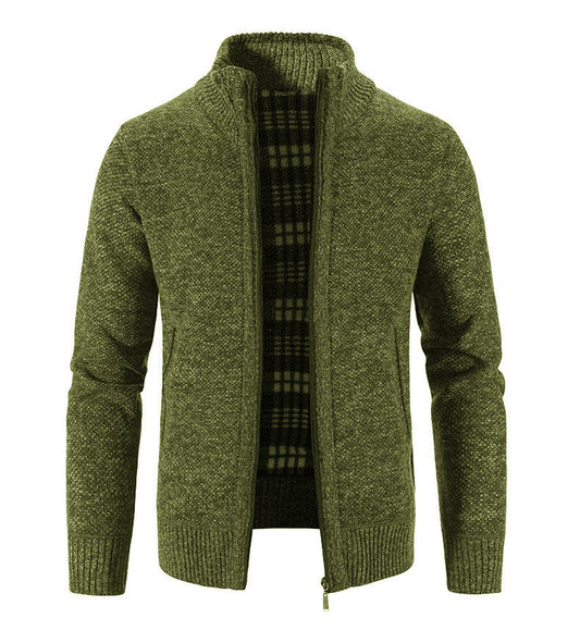 Men's Knitted Sweater Cardigan Zipper fleece-lined Thickened Vertical Collar Solid Color Casual Coat M-3XL