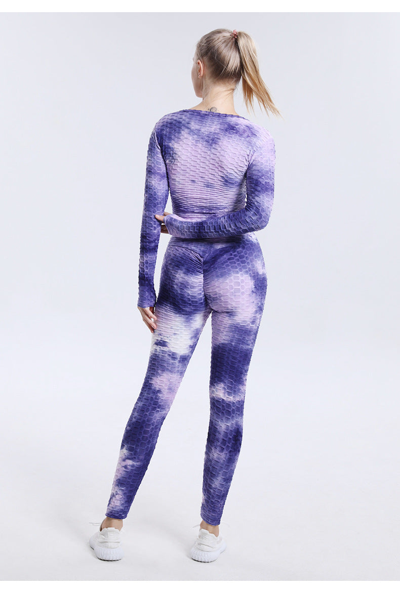 Leggings For Women Bubble Yoga Clothes Suit Women's Tie-Dyed Yoga Clothes High Waist Running Sports Fitness Clothes Long-Sleeved Trousers Two-Piece Suit