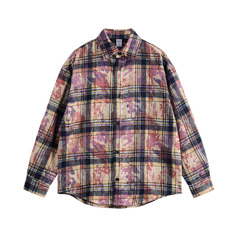 Men's Shirts New Splatter Plaid Shirt New Retro Trendy Casual Loose Long Sleeve Shirt