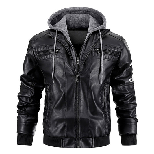 Men's leather jacket Fashionable punk hooded PU leather jacket Multi-pocket zipper thickened winter warm jacket