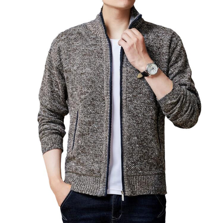 Men's knitted sweater zipper cardigan solid color stand collar plaid plus velvet warm M-3XL