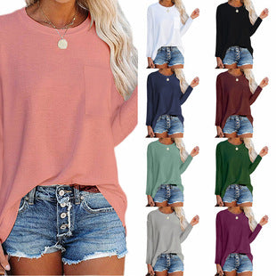 Women's Spring Summer Waffle Knit Crew Neck Patchwork Pullover Long Sleeve T-Shirt Casual Loose Top