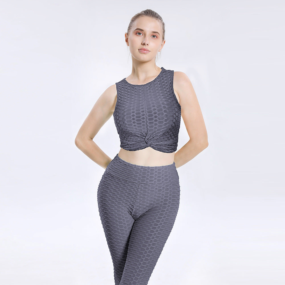 Leggings For Women  Yoga Clothes Suit Women's Sports Running Workout Outfit Suit Bubble Vest High Waist Hip Lift Yoga Pants Two-Piece Set